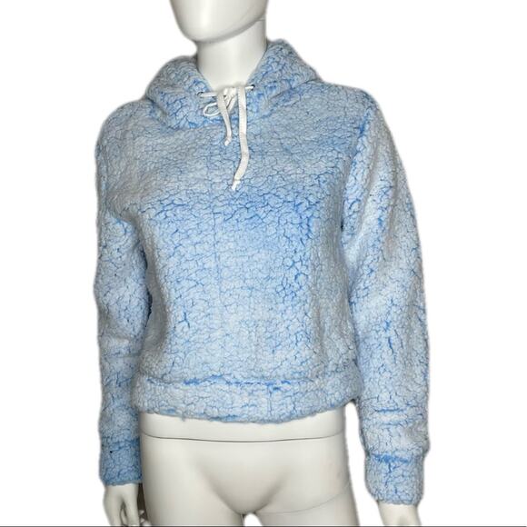 Aqua Women's Baby Blue Sherpa Drawstring Hooded Pullover Sweatshirt sz S - Picture 2 of 5